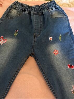 Embroidered Dark Blue Straight Leg Jeans for girls